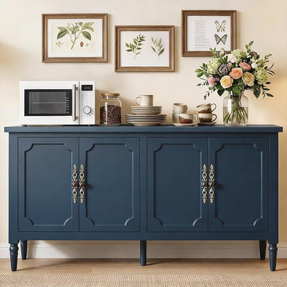 RoyalCraft Buffet Cabinet with Storage, Vintage Sideboard with Adjustable Shelves, Mid Century Modern Painted Credenza Coffee Bar for Kitchen, Dining Room, Entryway, Blue