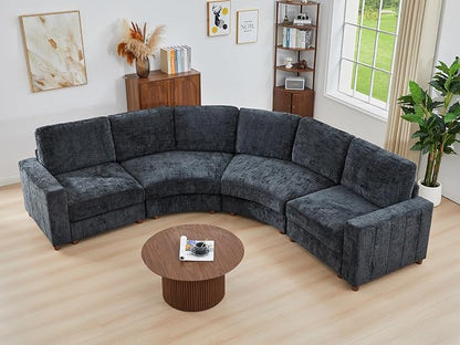 ORRD Curved Sectional Sofa, Convertible L Shaped Couch with Deep Seat, Boucle Modular Sectional Sofa with Pillows, Curved Chenille Comfy Corner 4 Seat Couch for Living Room, Black Blue