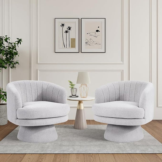 CANMOV Swivel Accent Chair with Armrest Set of 2, Modern 360 Degree Swivel Barrel Chair with Curve Back and Soft Cushion,Comfy Round Sherpa Teddy Armchair Single Sofa for Living Room, Light Grey