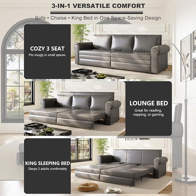 93.7" King Size Sleeper Sofa Bed, Pull Out Sofa Bed, Faux Leather Upholstery, 3 in 1 Convertible Sleeper Couch, Chaise Lounge, Retro Recliner for Living Room, Apartment, Office, Grey
