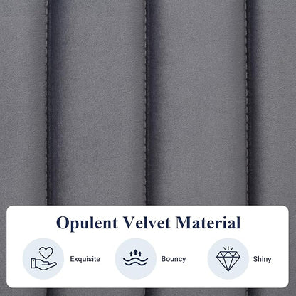 Allewie Queen Bed Frame, Velvet Upholstered Platform Bed with Adjustable Vertical Channel Tufted Headboard, Mattress Foundation with Strong Wooden Slats, Box Spring Optional, Easy Assembly, Grey