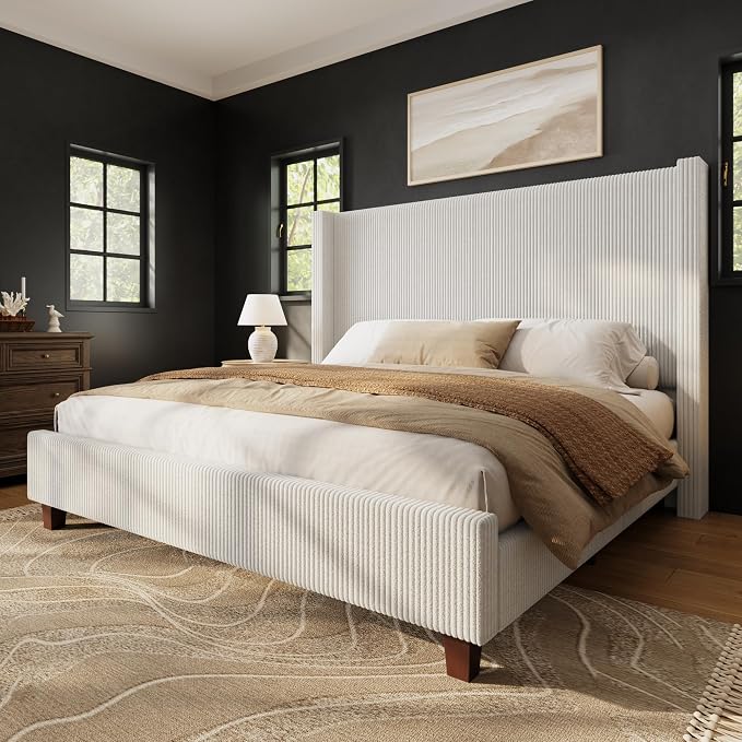 HOWE Queen Size Bed Frame with 50.8 Inch Corduroy Wingback Headboard, Cream | Modern Upholstered Platform Bed, Solid Wood Slats, No Box Spring Needed, Noise-Reducing Design