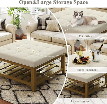 Befurtori Large Square Ottoman Coffee Table, Linen Solid Upholstered Footrest Ottoman with Solid Wood Shelf Storage Tufted Coffee Table for Bedroom Living Room, Ivory