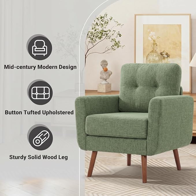Tbfit Linen Fabric Single Sofa, Accent Chair, Mid Century Modern Armchair for Living Room, Bedroom Button Tufted Upholstered Comfy Reading Sofas, Green