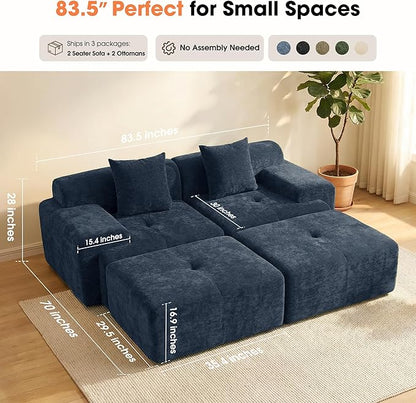 83.5" Boneless Loveseat with 2 Ottoman, Cloud Comfy Sofa Bed, Modular Sofa for Living Room, Apartment, Bedroom, Hotel, No Assembly Required (Blue)