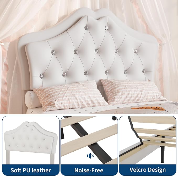 Twin Size Bed Frame for Girls with Storage Drawers & LED Lights, Upholstered Platform Bed, Velvet Crystal Button Princess Bed, Noise-Free Slats, No Box Spring Needed for Kids, Teens, White
