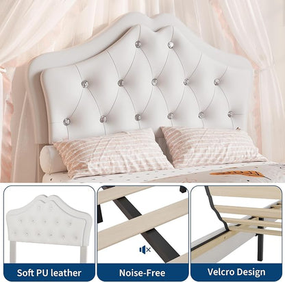 Twin Size Bed Frame for Girls with Storage Drawers & LED Lights, Upholstered Platform Bed, Velvet Crystal Button Princess Bed, Noise-Free Slats, No Box Spring Needed for Kids, Teens, White