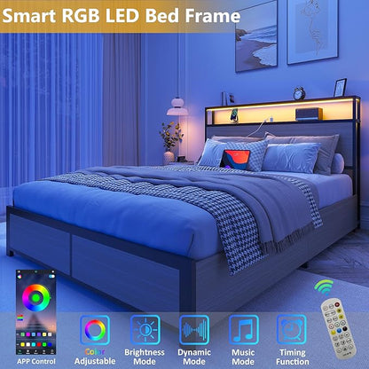 Lifezone Full Bed Frame with 2-Tier Storage Headboard, Metal Platform Bed Frame with 4 Storage Drawers, Built in Charging Station & LED, Noise-Free/Metal Support/No Box Spring Needed, Beige