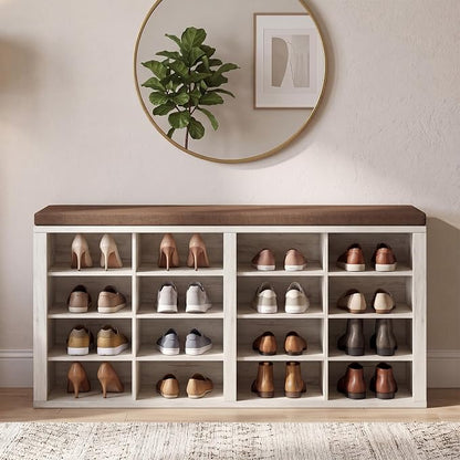 Shoe Rack Bench, Shoe Storage Bench with Cushion, Shoe Organizer 16 Cubbies for Entryway Hallway Bedroom Living Room, Holds Up to 400lbs