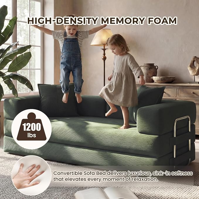 GRUSIGN 78 Inch Convertible Sofa Bed, 5-in-1 Futon Sofa Bed Pull Out Couch, Boneless Couch Bed for Living Room, Corduroy Boneless Couches for Bedroom, Apartment, No Assembly Sleeper Sofa Bed, Green