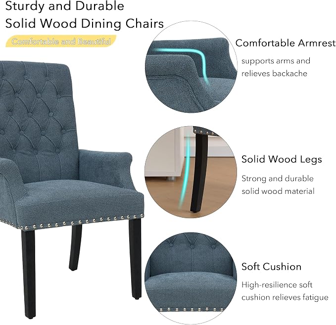 adochr Upholstered Fabric Accent Dining Chair, Arm Dining Chair with Elegant Tufted Club for Dining Room Kitchen Room, Dark Blue