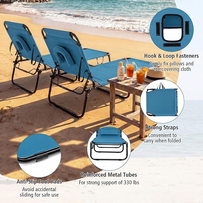 GYMAX Beach Lounge Chair, Sunbathing Chair Patio Lounge Chair Folding Adjustable Recliner with Hole for Face (2)