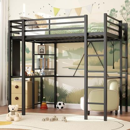 Shintenchi Loft Bed Full Size with Desk and Storage Shelves, Frame with 2 Side Ladders for Kids, Teens Adults, Spcace-Saving Noise-Free and Anti-tilt Design, Black