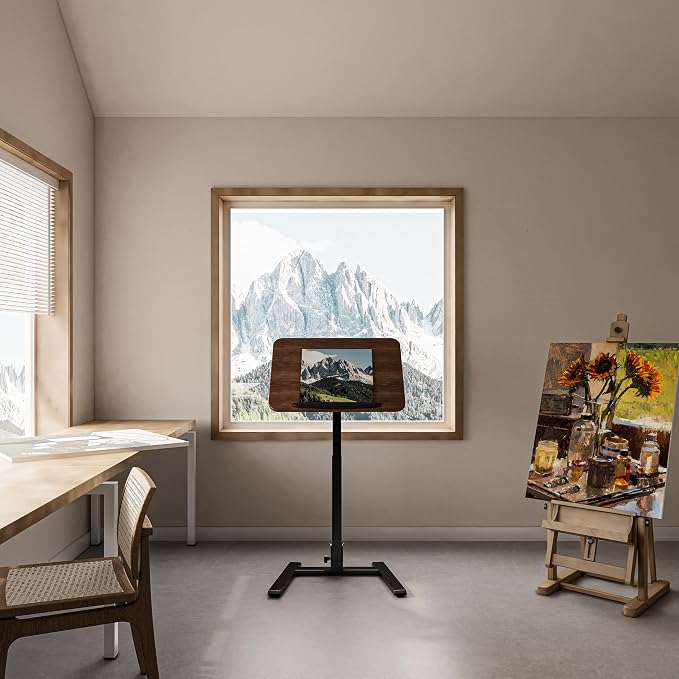 alawooder 25" Mobile Folding Desk: Pneumatic Sit-Stand, No Assembly | 29-42" Height Adjustable Rolling Laptop Desk, Hidden Wheels, 0-90° Tilt Top. Ideal for Home Office, Craft & Study.