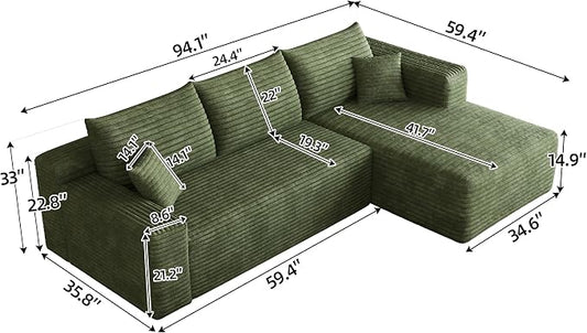 JINGLING 94" L Shape Couch with Right Chaise, Memory Foam Boneless Sectional Sofa in a Box, No Assembly Modular Small Couches for Small Spaces, Living Room, Apartments, Plush Corduroy, Green