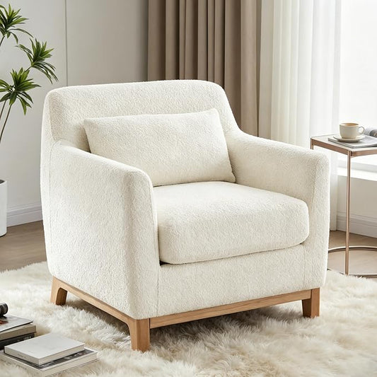 VANOMi 31"W Living Room Accent Chairs Boucle Chair for Bedroom, Cream White | Oversized Armchair with Thick Cushion Reading Chairs for Living Room, Apartment