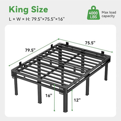 Superay King Bed Frame, 16 inch Metal Bed Frame & Box Spring 2 in 1 Design, Double Layer Bed Frame with Rounded Legs, Heavy Duty Platform Support 4000lbs, with Matress Gasket & headboard Adapter