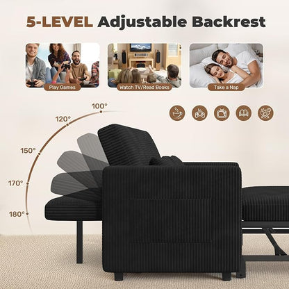 Nebuaegis Sleeper Sofa Bed,3-in-1 Convertible Pull Out Couch with Adjustable Backrest for Living Room,Loveseat Sofa Bed with Side Pockets,Easy Assembly,Black,1 PCS
