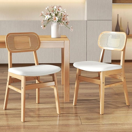 ROCITY Rattan Dining Chairs Set of 2 Beige Linen Fabric Dining Room Chairs Natural Wooden Kitchen Chairs Farmhouse Boho