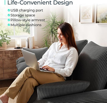 LINSY HOME 90.5'' Sectional Sleeper Sofa with Pull Out Couch Bed Modular (Gray, 90.5'') | USB Charging