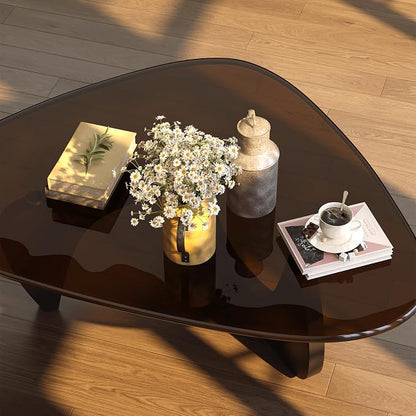 Coffee Table for Living Room Mid Century Modern Center Small Table with Glass Top and Wood, Black Brown(32 Inch)