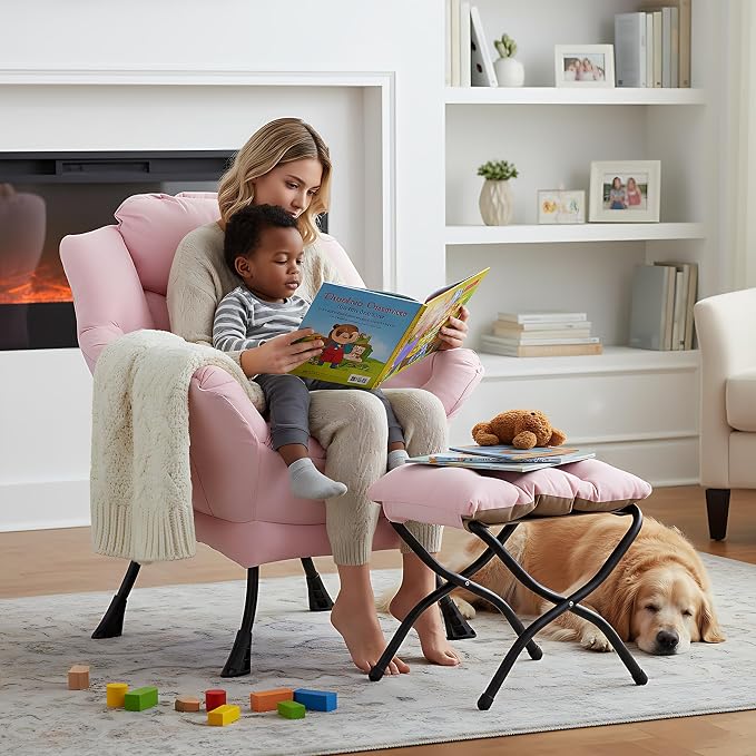 Welnow Pink Lazy Chair with Ottoman, Modern Reading Accent Chair with Armrests and a Side Pocket, Leisure Upholstered Lazy Sofa Set with Footrest for Small Space