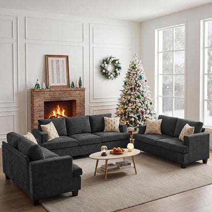 Apicizon Loveseat Set of 2 & 3-Seater Sofa, 3 Piece Set Comfy Couch for Living Room, Modern Lounge Sofa Couch for Apartment Lounge, Dark Grey Chenille