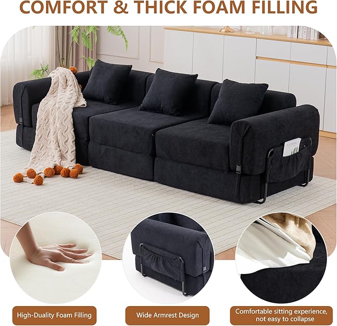 Cloud Modular Sectional Sofa, Foldable Floor Couch Bed, Convertible Sleeper Sofa Bed, Fold Out Boneless Couches for Living Room, Office, Guest Room, Apartment (3 Seater Couch, Black)