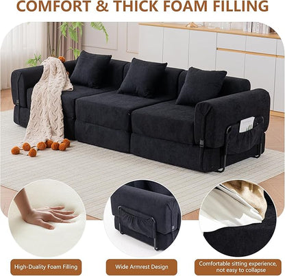Cloud Modular Sectional Sofa, Foldable Floor Couch Bed, Convertible Sleeper Sofa Bed, Fold Out Boneless Couches for Living Room, Office, Guest Room, Apartment (3 Seater Couch, Black)