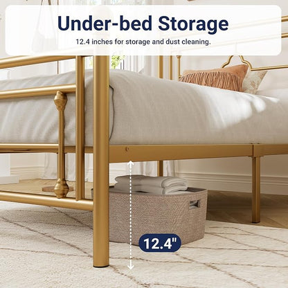 Allewie Twin Size Metal Platform Bed Frame with Victorian Vintage Headboard and Footboard/Mattress Foundation/Under Bed Storage/No Box Spring Needed/Noise-Free/Easy Assembly, Gold