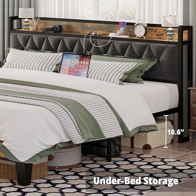 ANCTOR King Bed Frame, Upholstered Tufted Headboard, Storage Shelves & Charging Station, No Box Springs Needed, Sturdy, Noise-Free, Modern Vintage Style