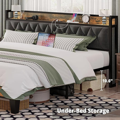 ANCTOR King Bed Frame, Upholstered Tufted Headboard, Storage Shelves & Charging Station, No Box Springs Needed, Sturdy, Noise-Free, Modern Vintage Style