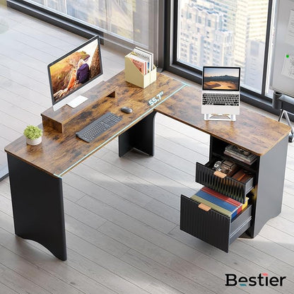 Bestier L Shaped Desk with File Drawer, 55.7" x 55" Office Computer Desk with Round Corners, Modern Desk with Monitor Stand & Fluted Panels for Home Office, Black & Rustic Brown