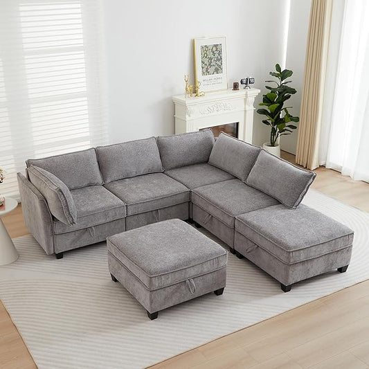 ORRD Corner Modular Sectional Sofa Set, Convertible L Shaped Couch with Storage, 6 Seater Sofa Modular with Ottomans and Reversible Chaise for Living Room, Office (Grey)