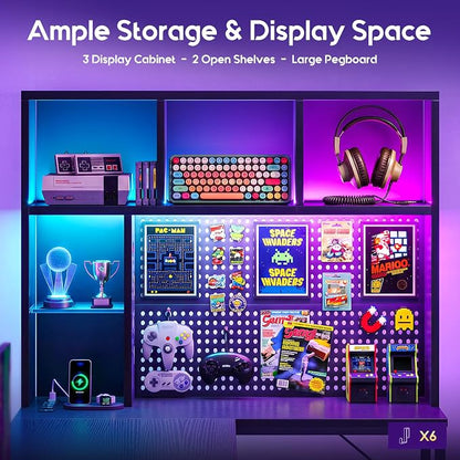 AODK 71" L Shaped Gaming Desk with Hutch, Pegboard & Shelves, L Shaped Desk with 4 Drawers, Integrated LED Light Strip & Power Outlets, Reversible PC Gaming Computer Desk, Black