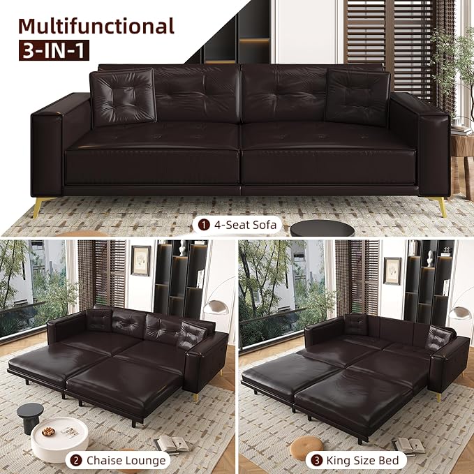 92.1'' Pull Out Sofa Bed King, Faux Leather Futon Couch, 3-in-1 Convertible Sleeper Sofa with Tufted Back, Gold Furniture Legs, Deep Loveseat for Living Room, Apartment, Office, Dark Brown