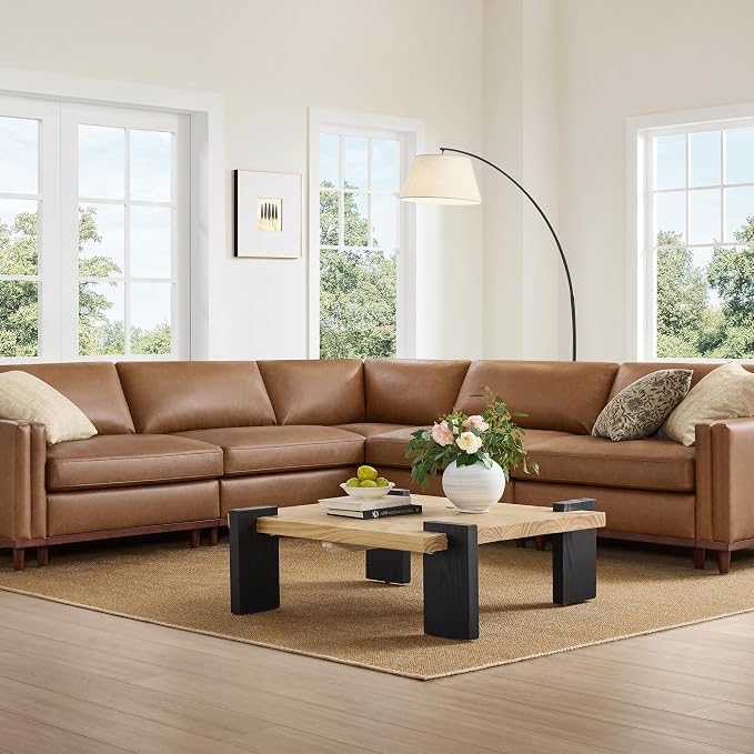 CHITA 114” Super Large Luxury Sectional Modular Sofa, Down Filled, 5 Seat Couch, Faux Leather in Camel