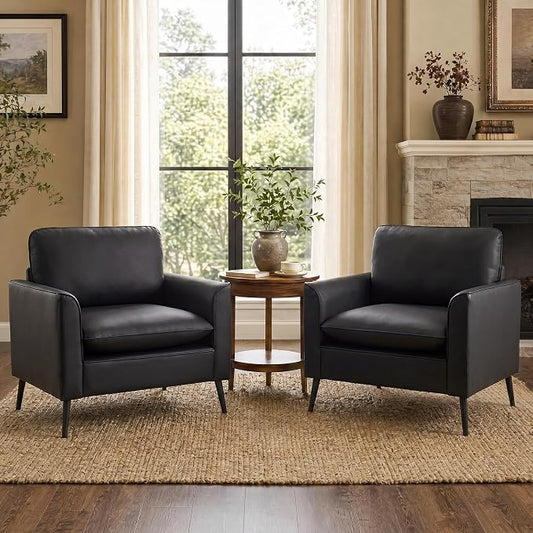TYBOATLE Accent Chairs Set of 2, Black Faux Leather Chairs, Mid Century Modern Comfy Living Room Chairs, Cozy Office Reading Chair, Reception Armchairs for Bedroom, Waiting Room
