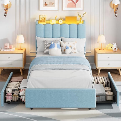 Garvee LED Twin XL Bed Frame with Storage Headboard, Kids Bed Frame with 2 Drawers, Boucle Upholstered Platform Bed for Girls, Chic Wavy Headboard with Bookcase, No Box Spring Needed, Blue