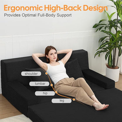 MeMoreCool Folding Sofa Bed Boneless Couch, 59" Loveseat Convertible Futon, Corduroy Foldable 2-in-1 Floor Sleeper for Small Living Room, Apartment, Guest Room, Foam Support & Washable Cover, Black