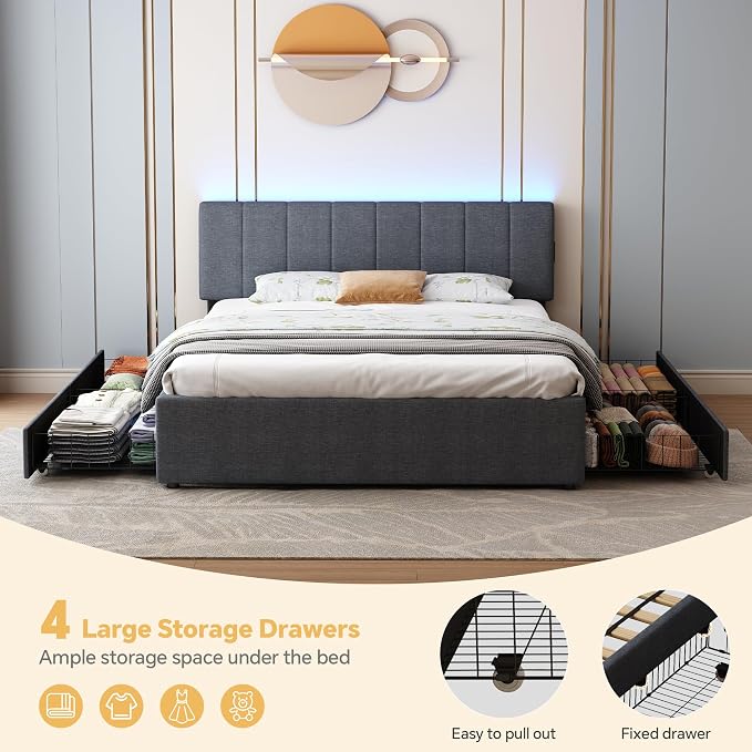 King Size Upholstered Platform Bed with 4 Storage Drawers | 4 Storage Drawers, USB/Type-C Charging,APP-Controlled LED Lights,No Box Spring Needed,Dark Grey Linen Fabric,Easy to Assemble