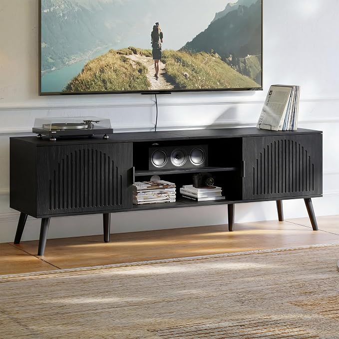 ChooChoo TV Stand for Living Room, Mid Century Modern TV Stand for 65 Inch TVs, Entertainment Center with Storage Cabinet and Open Shelves, TV Console Table Media Cabinet for Bedroom, Black