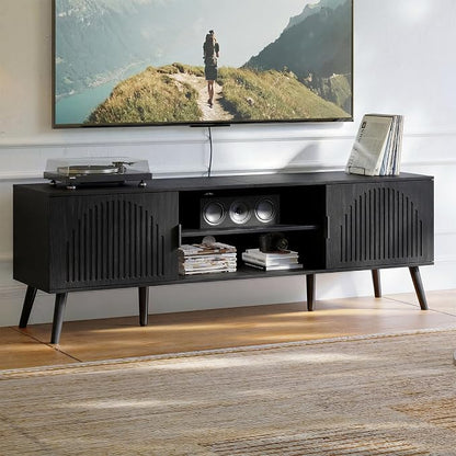 ChooChoo TV Stand for Living Room, Mid Century Modern TV Stand for 65 Inch TVs, Entertainment Center with Storage Cabinet and Open Shelves, TV Console Table Media Cabinet for Bedroom, Black