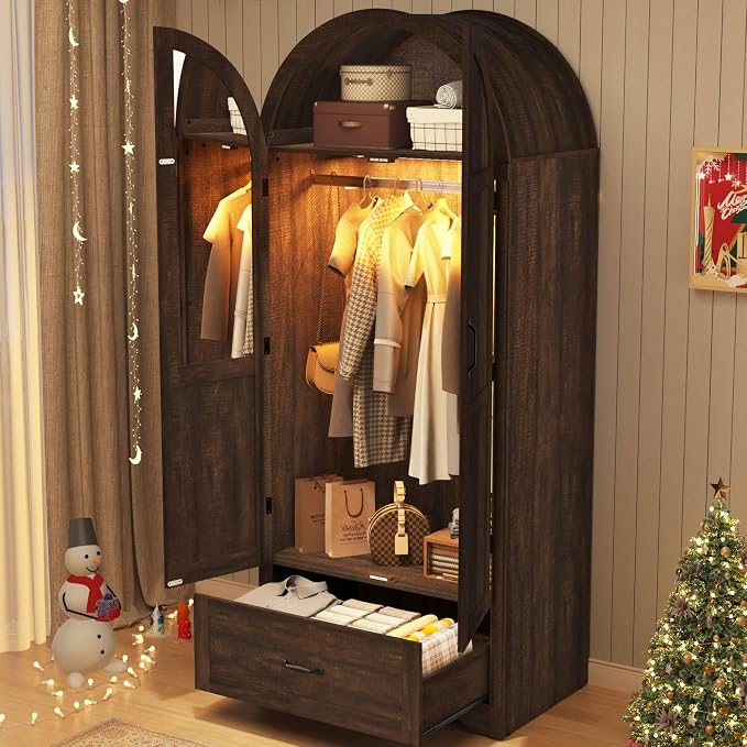 Squireewo 2 Doors Armoire Wardrobe Closet with Doors and Drawers, 71" Farmhouse Arched Wooden Wardrobe Cabinet with Mirror and Lights, Large Armoire Storage Cabinet with Shelves & Hanging Rod,Brown