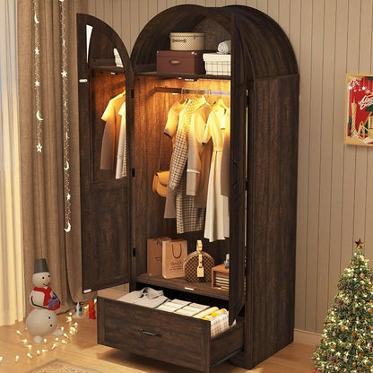 Squireewo 2 Doors Armoire Wardrobe Closet with Doors and Drawers, 71" Farmhouse Arched Wooden Wardrobe Cabinet with Mirror and Lights, Large Armoire Storage Cabinet with Shelves & Hanging Rod,Brown
