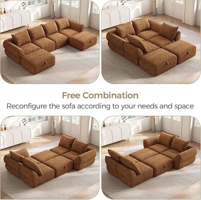 132" Modular Sectional Sofa with Deep Seat, U-Shaped Cloud Couch for Living Room, 4-Seater Boneless Sofa with 2 Ottomans, Flexible Combination Modern Upholstery Sofa, No Assembly Required, Orange