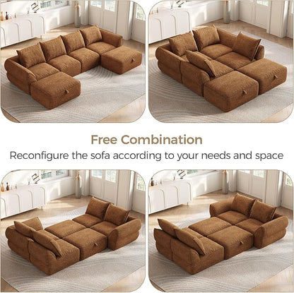 132" Modular Sectional Sofa with Deep Seat, U-Shaped Cloud Couch for Living Room, 4-Seater Boneless Sofa with 2 Ottomans, Flexible Combination Modern Upholstery Sofa, No Assembly Required, Orange