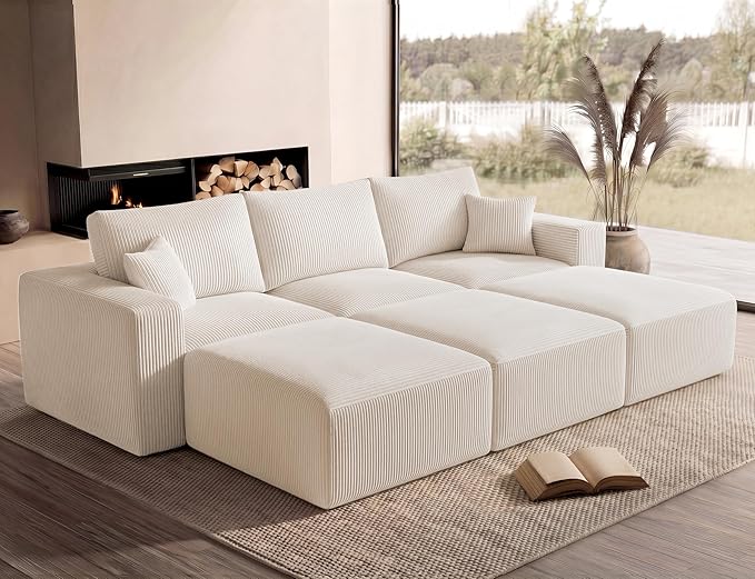 Modular Sectional Sofa Bed with Chaise, 115" Memory Foam Cloud Couch, Boneless Corduroy Upholstered Floor Couch, No Assembly Required Living Room Furniture for Apartment Home, Beige