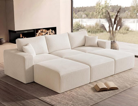 Modular Sectional Sofa Bed with Chaise, 115" Memory Foam Cloud Couch, Boneless Corduroy Upholstered Floor Couch, No Assembly Required Living Room Furniture for Apartment Home, Beige
