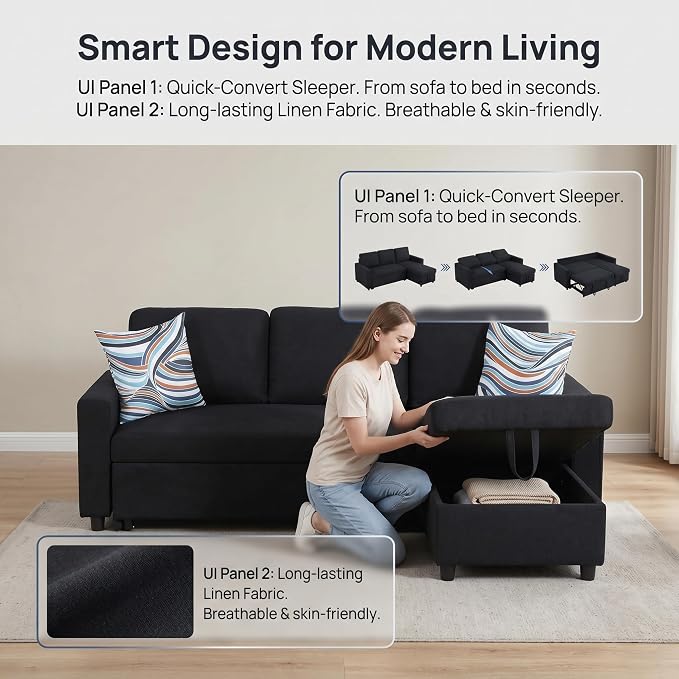Pull Out Couch, L Shaped Sectional Couch with Pull Out Bed, Convertible Sofa Bed with Storage Chaise, Queen Size Sleeper Sofa, Sofa Bed Couch, Sleeper Sofa with Storage, Black